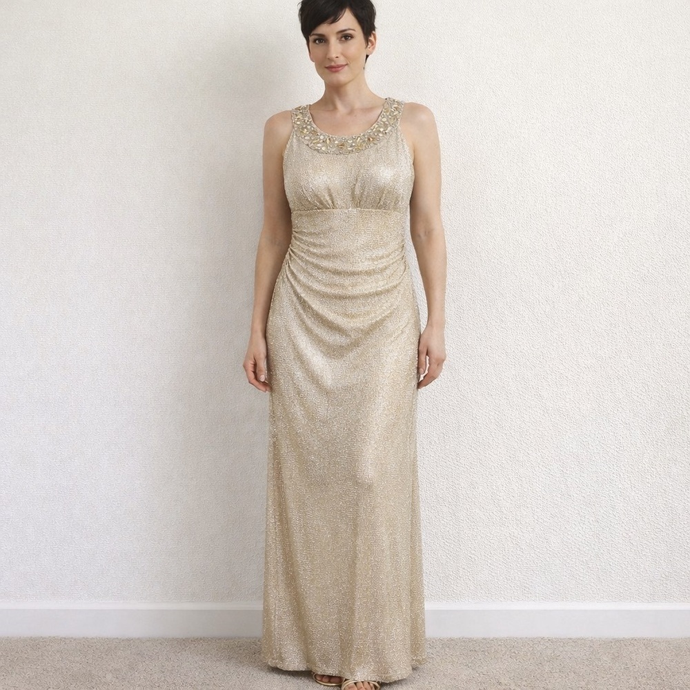 Viola gold lame formal dress flattering gathered waist lightly padded bust Small